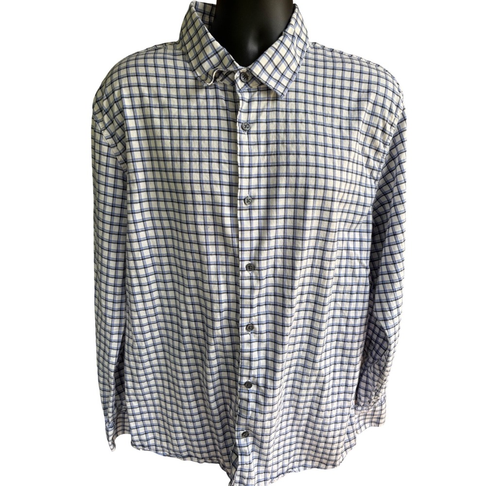 Magaschoni Man Mens XXL Blue White Plaid Lyocell Cotton Stretch Button Down